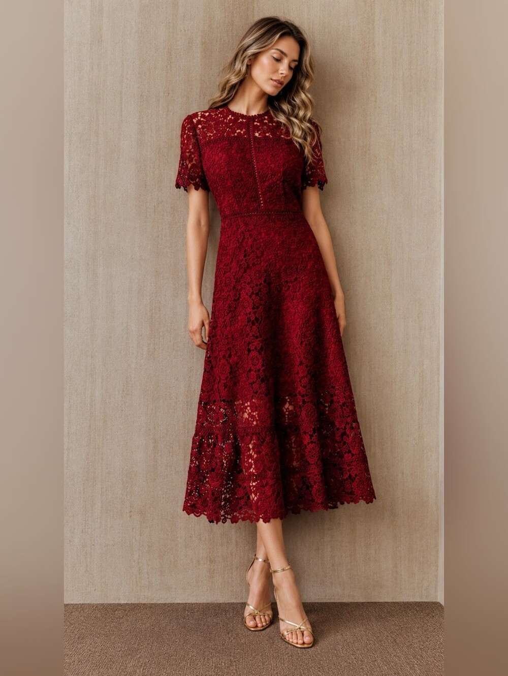 New Embroidered Floral Lace Ruffle Hem Midi Dress Short Sleeve Red